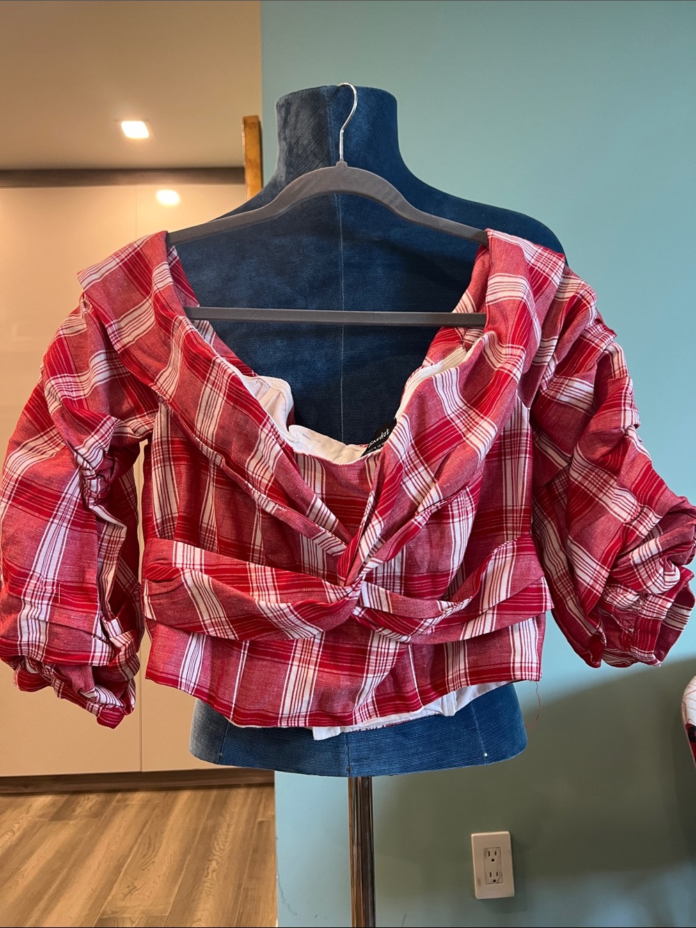 Bardot Red & White Plaid Tie-Front Puff Sleeve Top